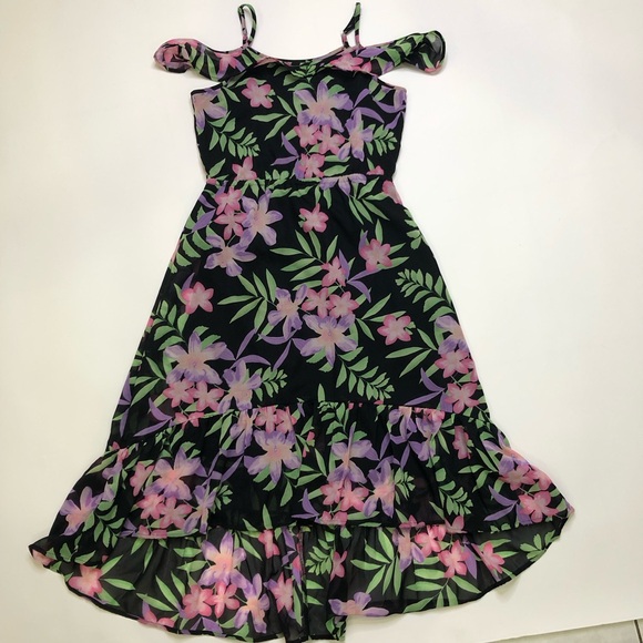 The Children's Place Black Tropical Floral Off The Shoulder High Low Dress XL 14 - Picture 3 of 8